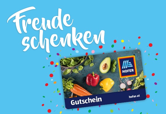 Hofer-Geschenkkarte mit Gemüse, buntem Konfetti und Text "Freude schenken"