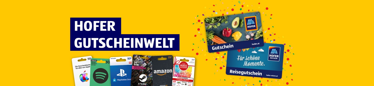 Hofer Gutscheinwelt-Banner mit Apple-, Spotify-, PlayStation-, Steam-, Amazon- und Hofer-Gutscheinen.