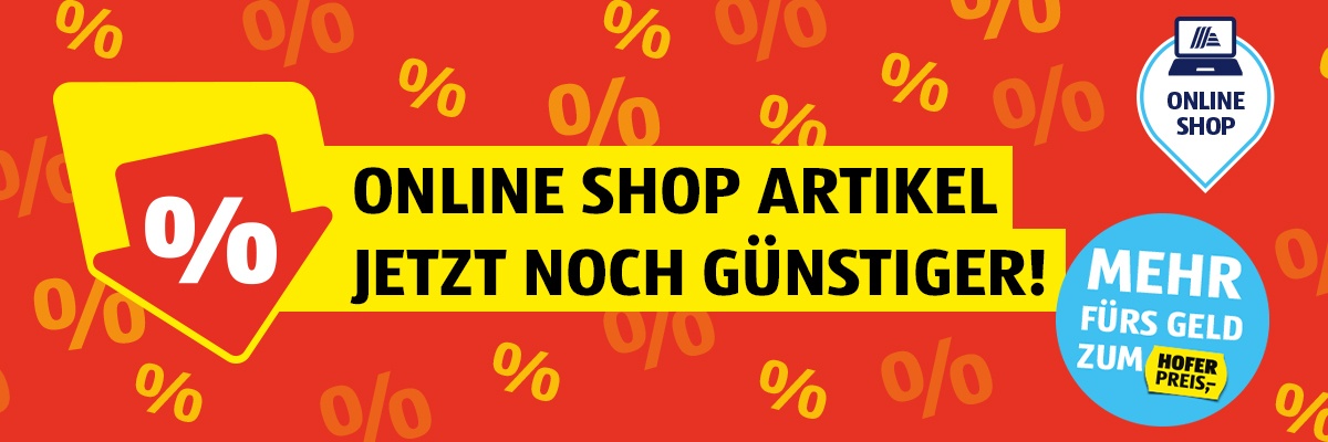 Rotes Werbebanner mit gelber Pfeilgrafik und Text „ONLINE SHOP ARTIKEL JETZT NOCH GÜNSTIGER!“