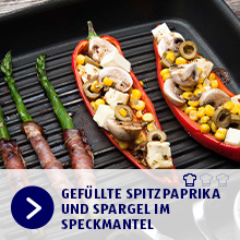 Gefüllte Spitzpaprika und Spargel im Speckmantel