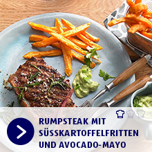 Rumpsteak mit Süßkartoffelfritten und Avocado-Mayo