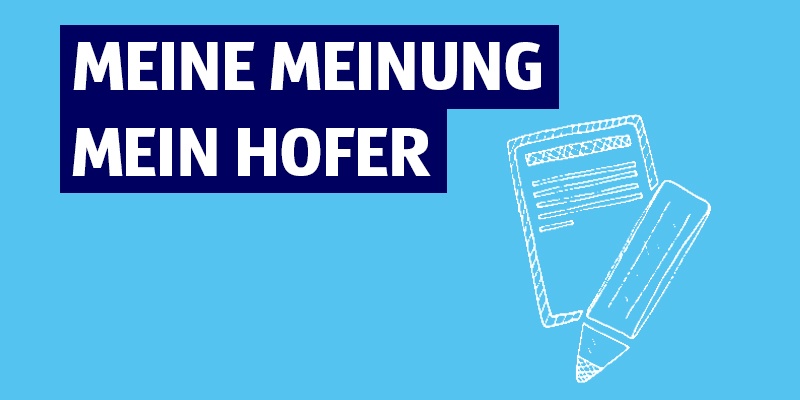 Meine Meinung. Mein HOFER. Ein skizziertes Blatt und ein Stift sind auf hellblauem Hintergrund.