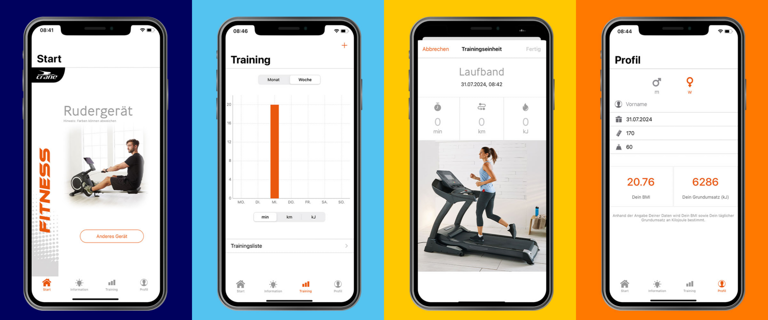 Auf dem Bild sind vier Screenshots in einem Smartphone der CRANE App ersichtlich. Hinter jedem Screenshot ist eine andere Hintergrundfarbe. Hintergrundfarben sind dunkelblau, hellblau, gelb und orange.