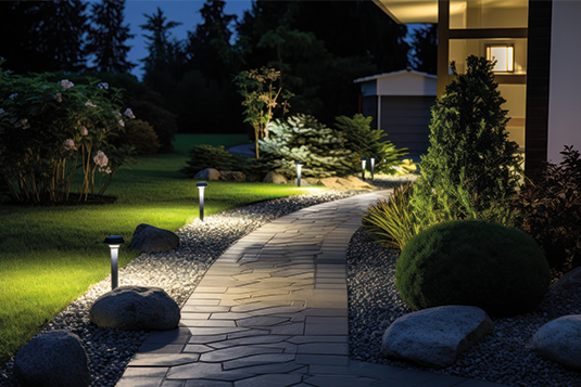 Auf dem Bild ist ein Pfad zu einem Haus ersichtlich, welcher indirekt beleuchtet ist.