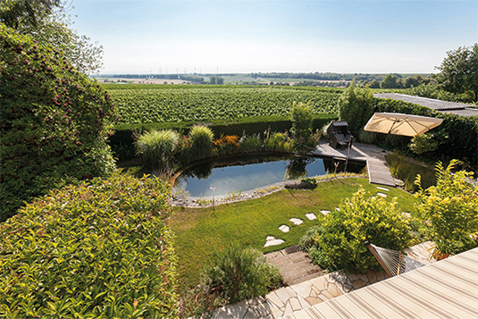 Auf diesem Bild ist ein Naturpool aus der Perspektive eines Balkons ersichtlich. In diesem Garten mit Naturpool sind auch viele weitere Sträucher, Sitzgelegenheiten und ein Sonnenschirm.