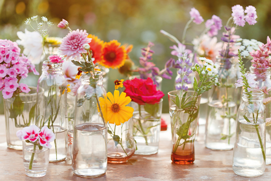 Auf dem Bild sind unzählige Trinkgläser, kleine Flaschen und Vasen, in welchen unterschiedliche Blumen sind.
