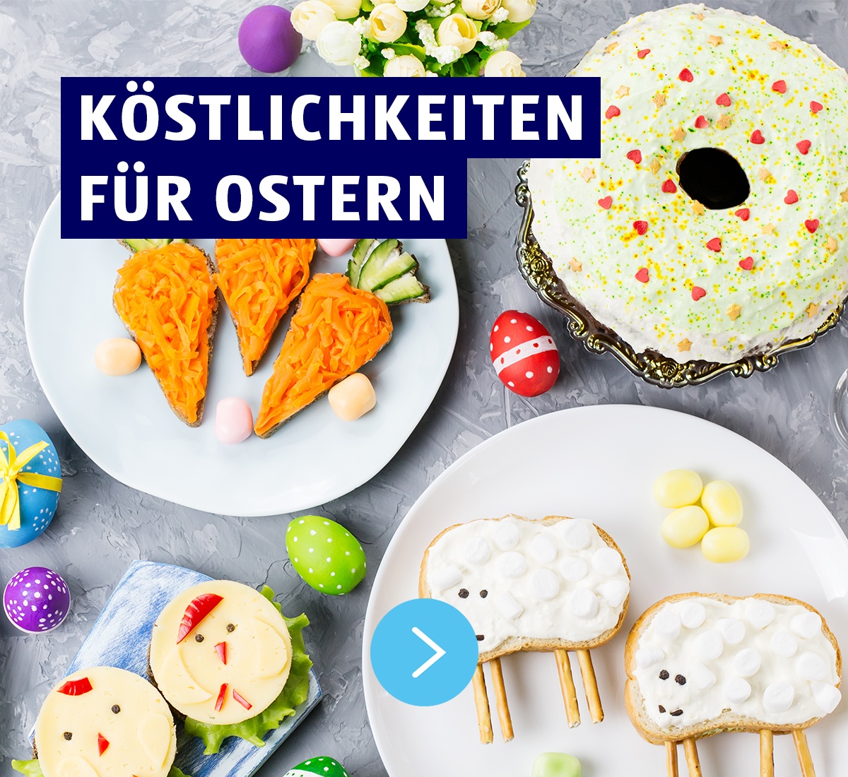 Köstlichkeiten für Ostern. Es wird auf die Rezeptwelt Ostern verlinkt.