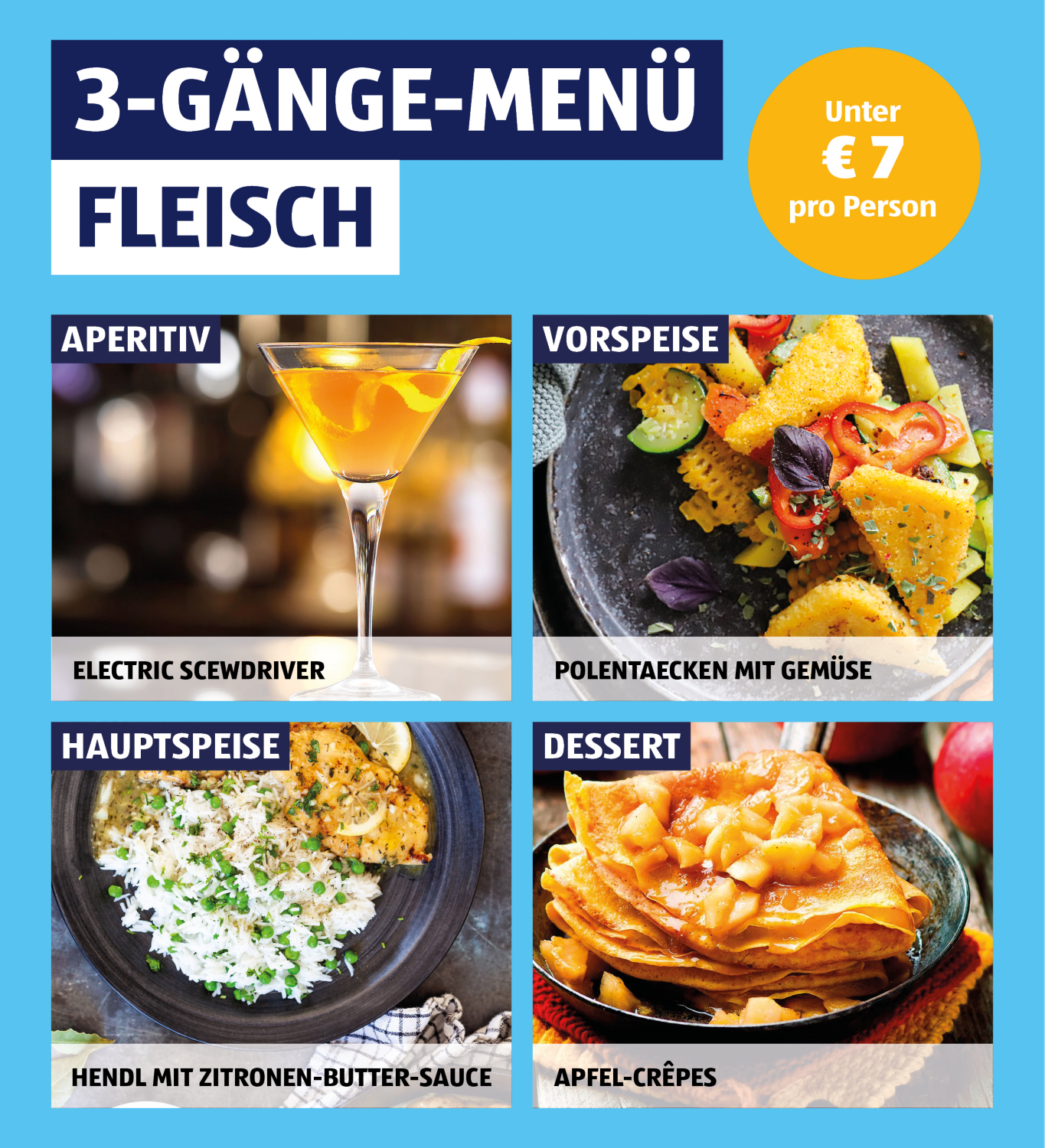 3-Gnge-Men-Fleisch unter 7 pro Person