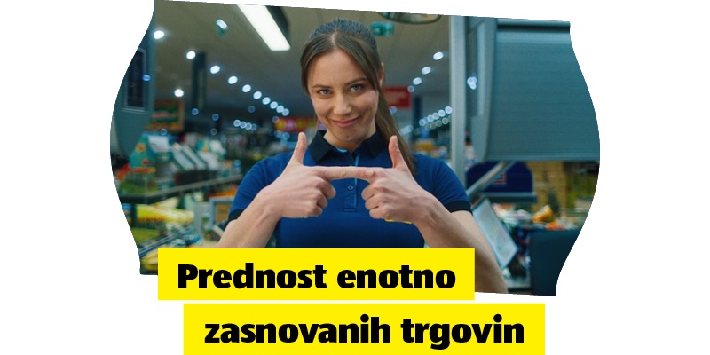 Dekle drži prte v obliki črke H  in napis: Prednost enotno zasnovanih trgovin