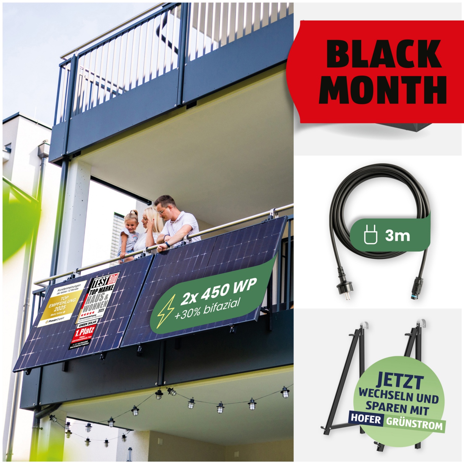 GREEN SOLAR Balkonkraftwerk Balkon 900/800 W mit Anker Solix 3 Speicher