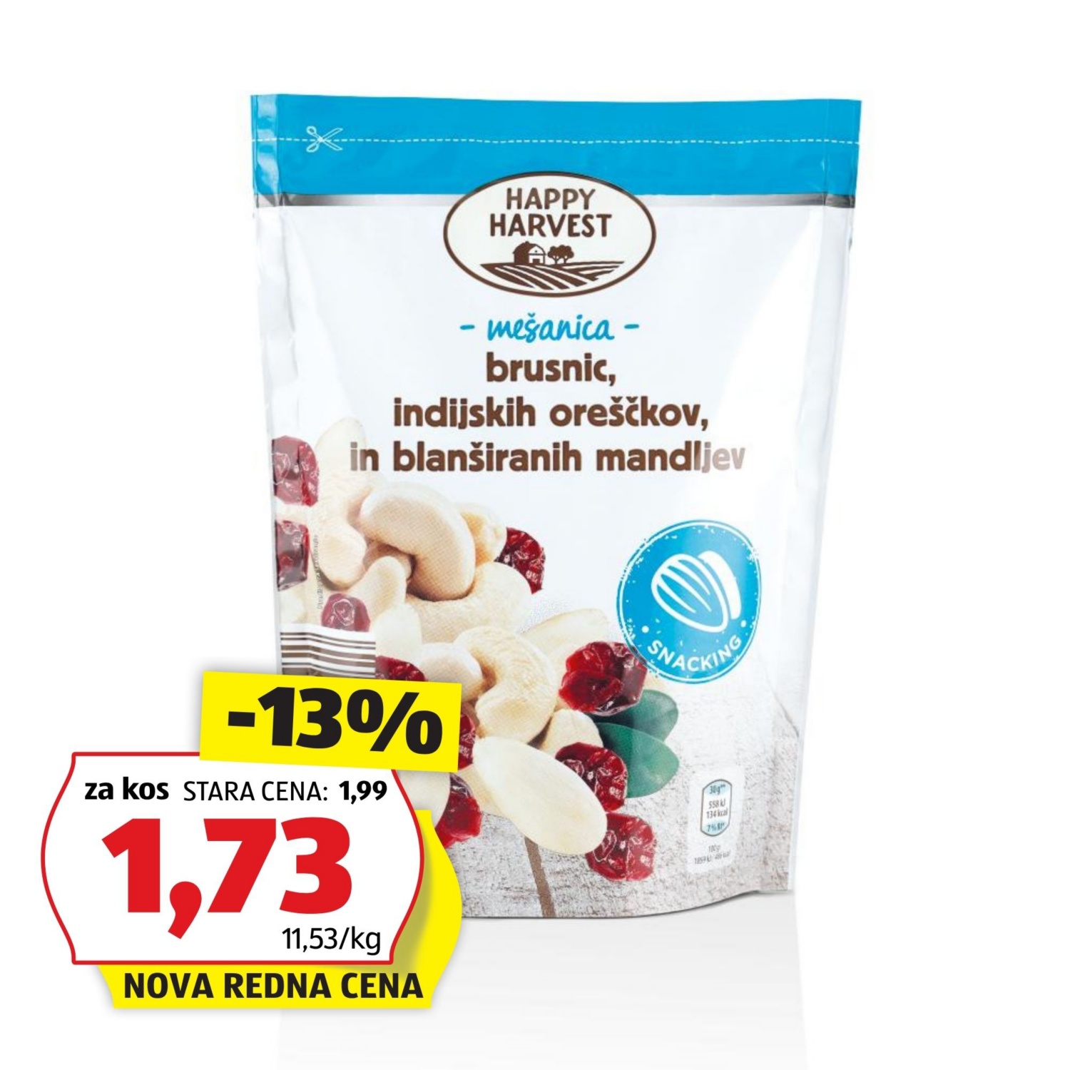 Mešanica indijskih oreščkov in brusnic, blanširani mandlji