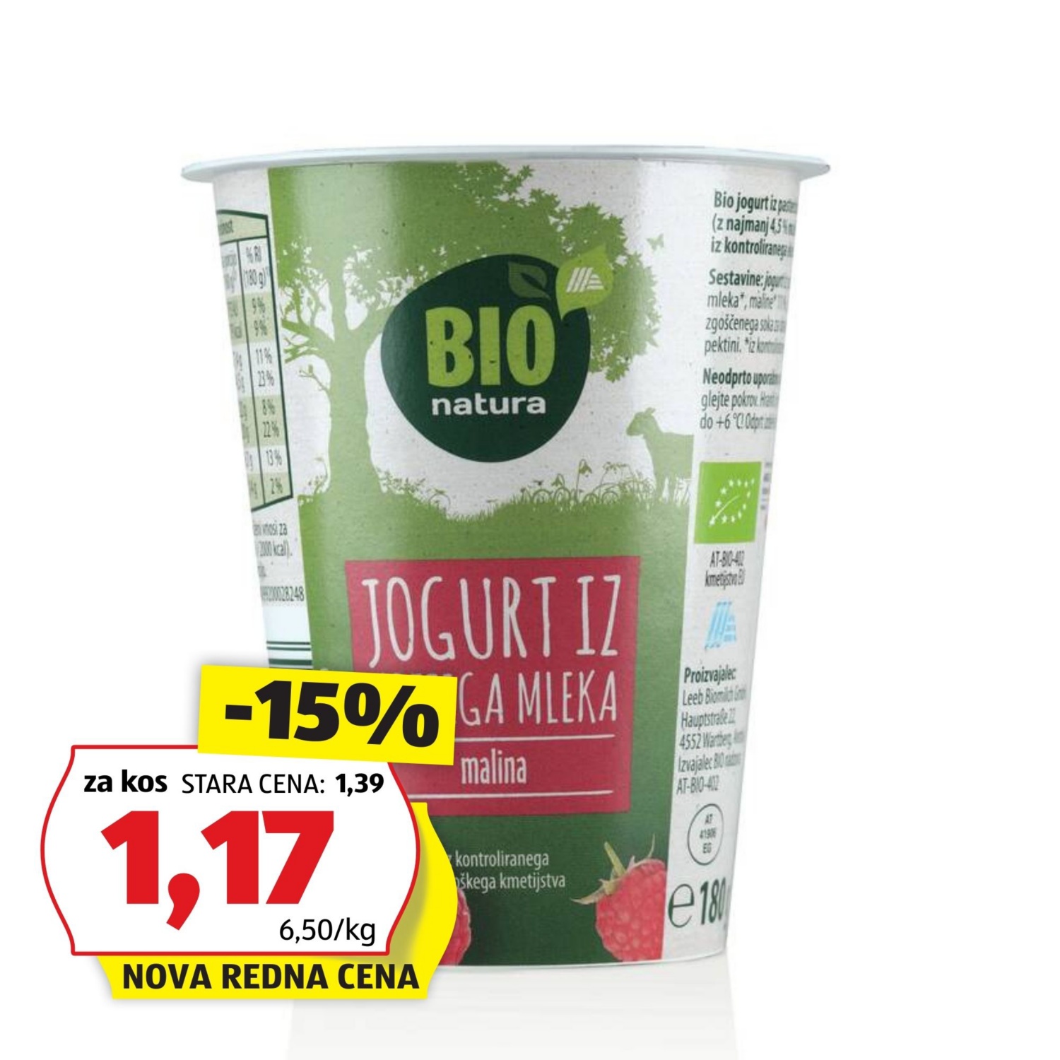 BIO NATURA Bio kozji sadni jogurt, malina