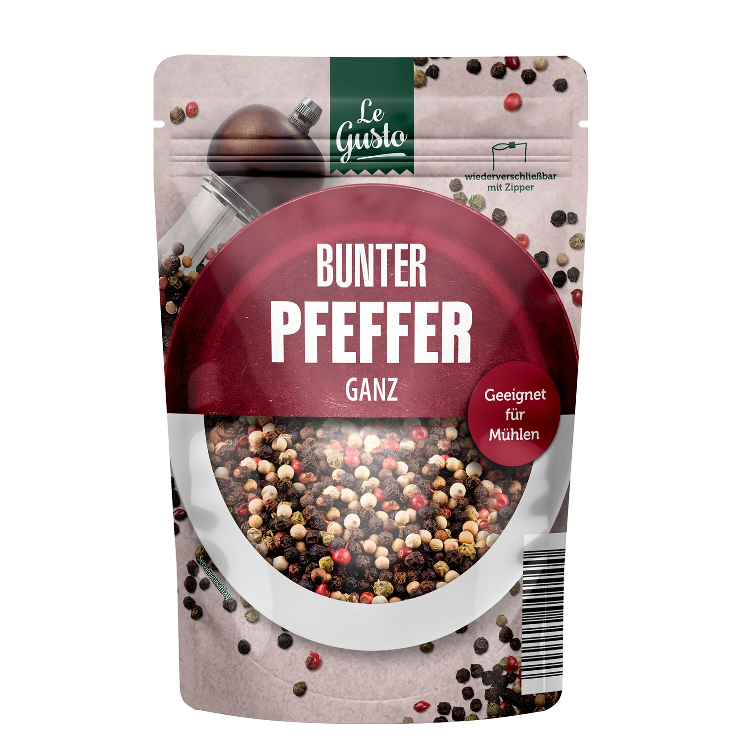 LE GUSTO Gewürze im Nachfüllbeutel 100 g, Pfeffer, bunt, ganz