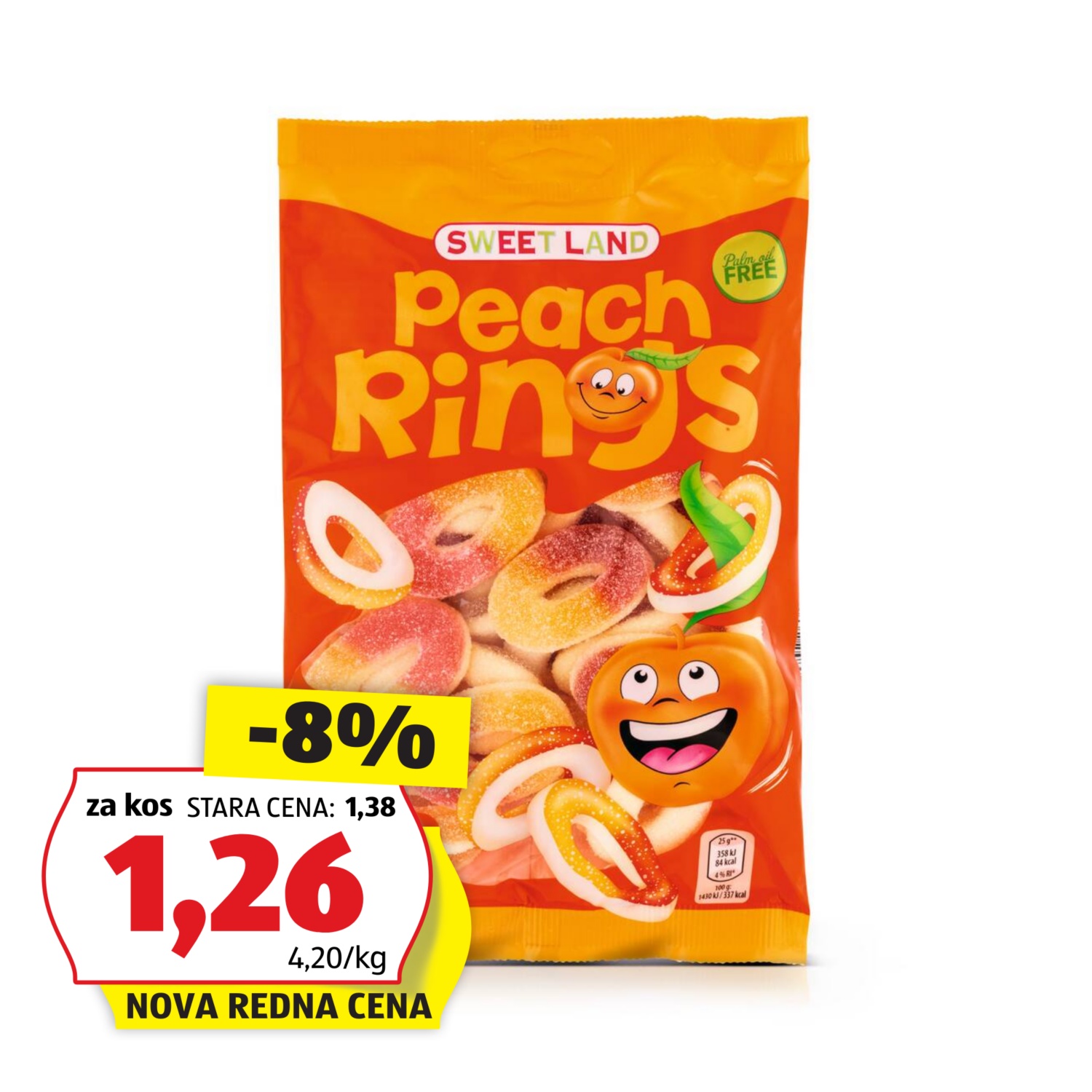 SWEET LAND Žvečljivi sadni bonboni, breskovi obročki