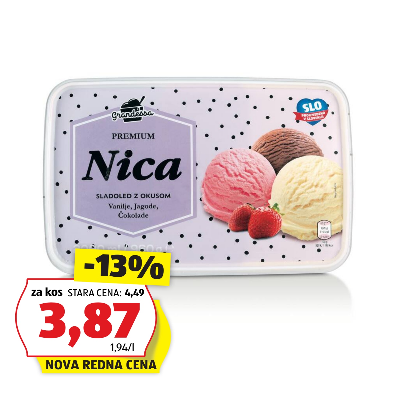 GRANDESSA Premium sladoled Nica, vanilja-čokolada-jagoda