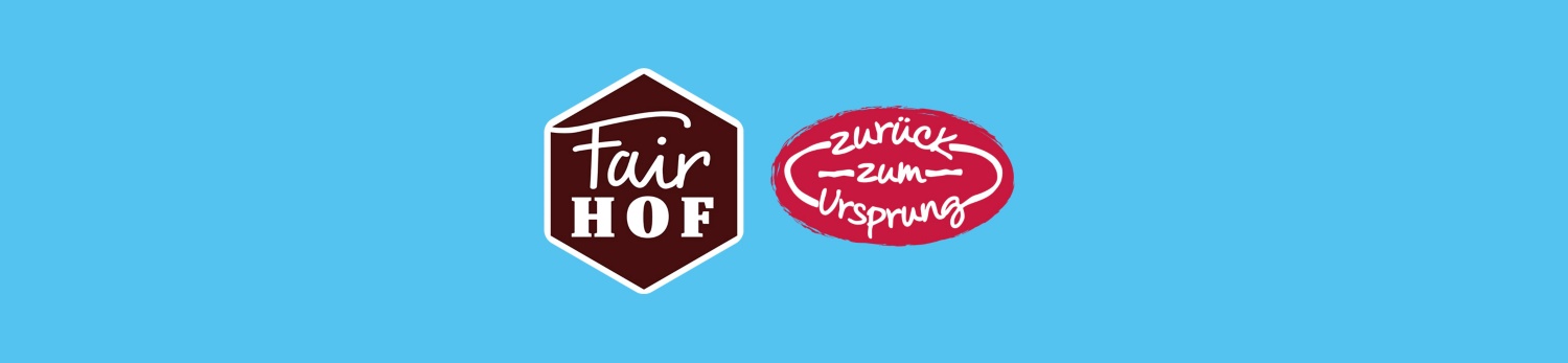 Logo von Zurück zum Ursprung und FairHOF auf hellblauem Hintergrund.