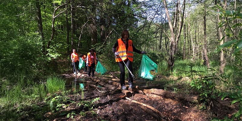 Man sieht drei Personen, die mit Greifzangen und Müllsäcken im Wald Müll einsammeln. 