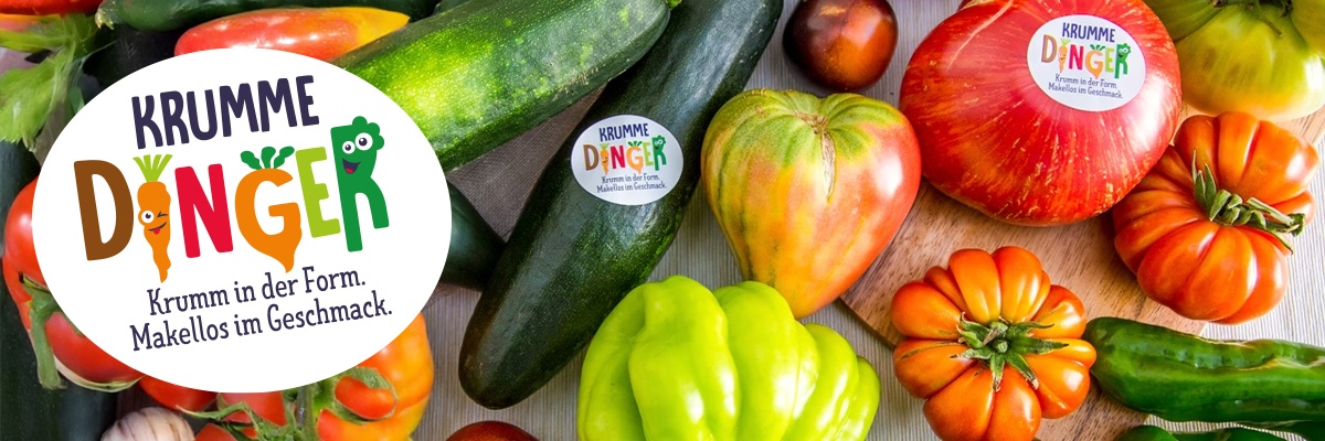 auch jenes Obst und Gemüse, welche optische Mängel aufweisen, ansonsten aber allen Qualitätskriterien entsprechen, unter dem Namen "Krumme Dinger".