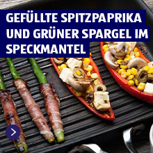 Gefüllte Spitzpaprika und Spargel im Speckmantel