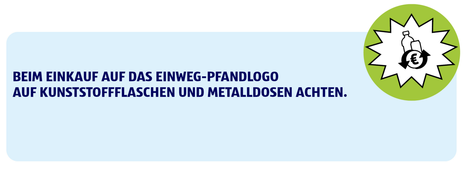 Beim Einkauf auf das Einweg-Pfandlogo auf Konststoffflasche und Metalldosen achten.