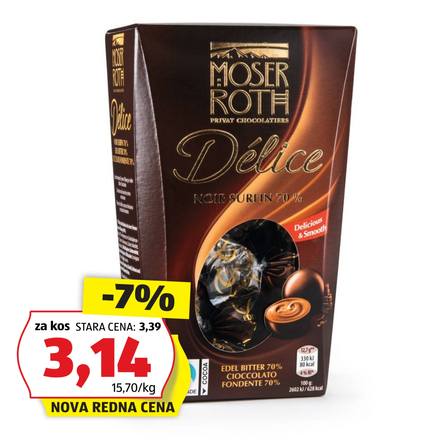 MOSER ROTH Polnjeni pralineji, temna čokolada