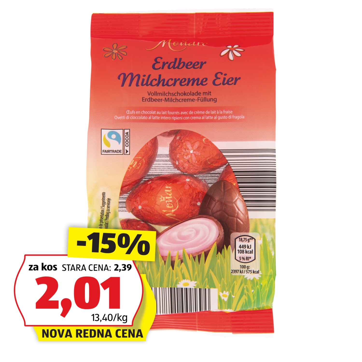 MONARC Polnjena čokoladna jajčka, jagoda