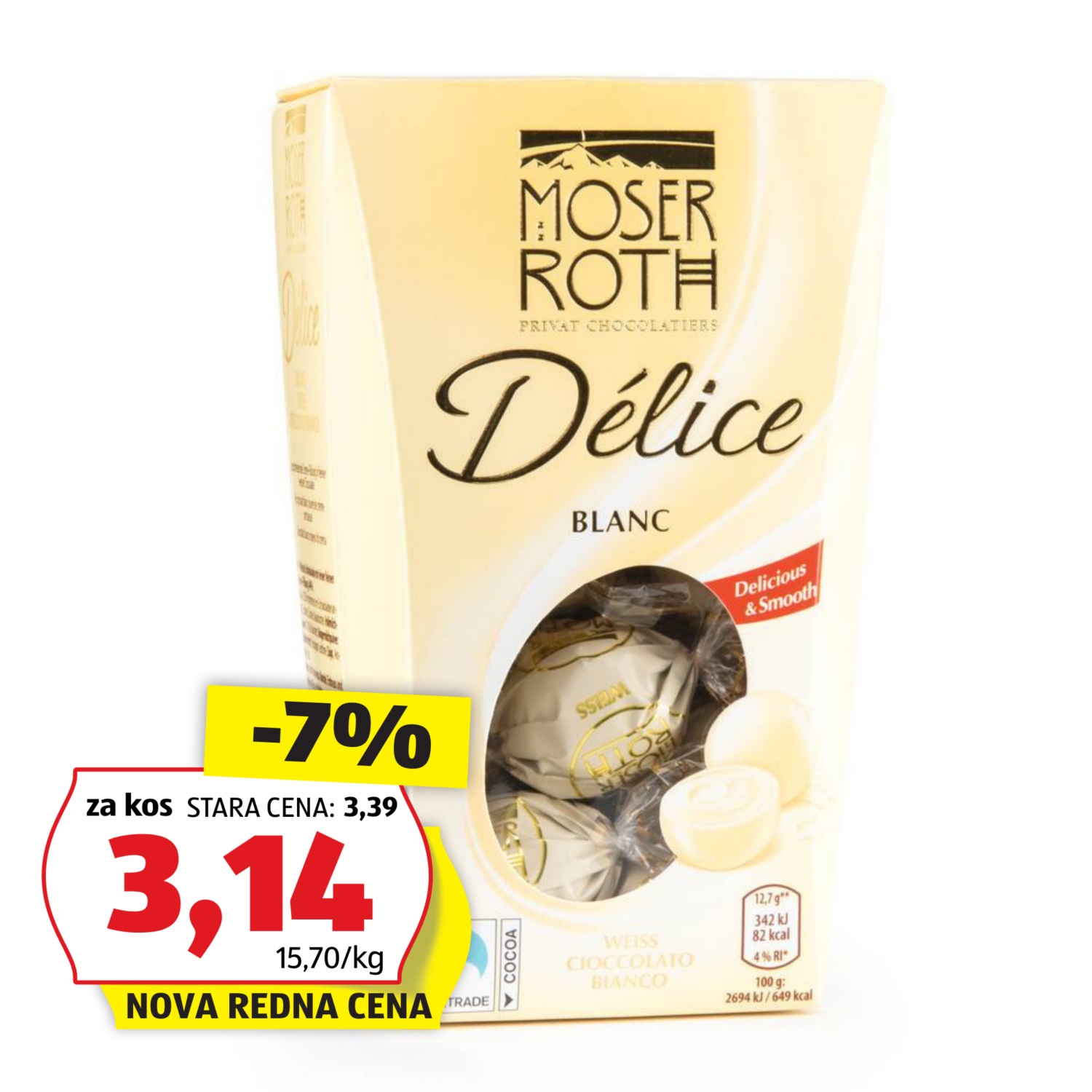 MOSER ROTH Polnjeni pralineji, bela čokolada