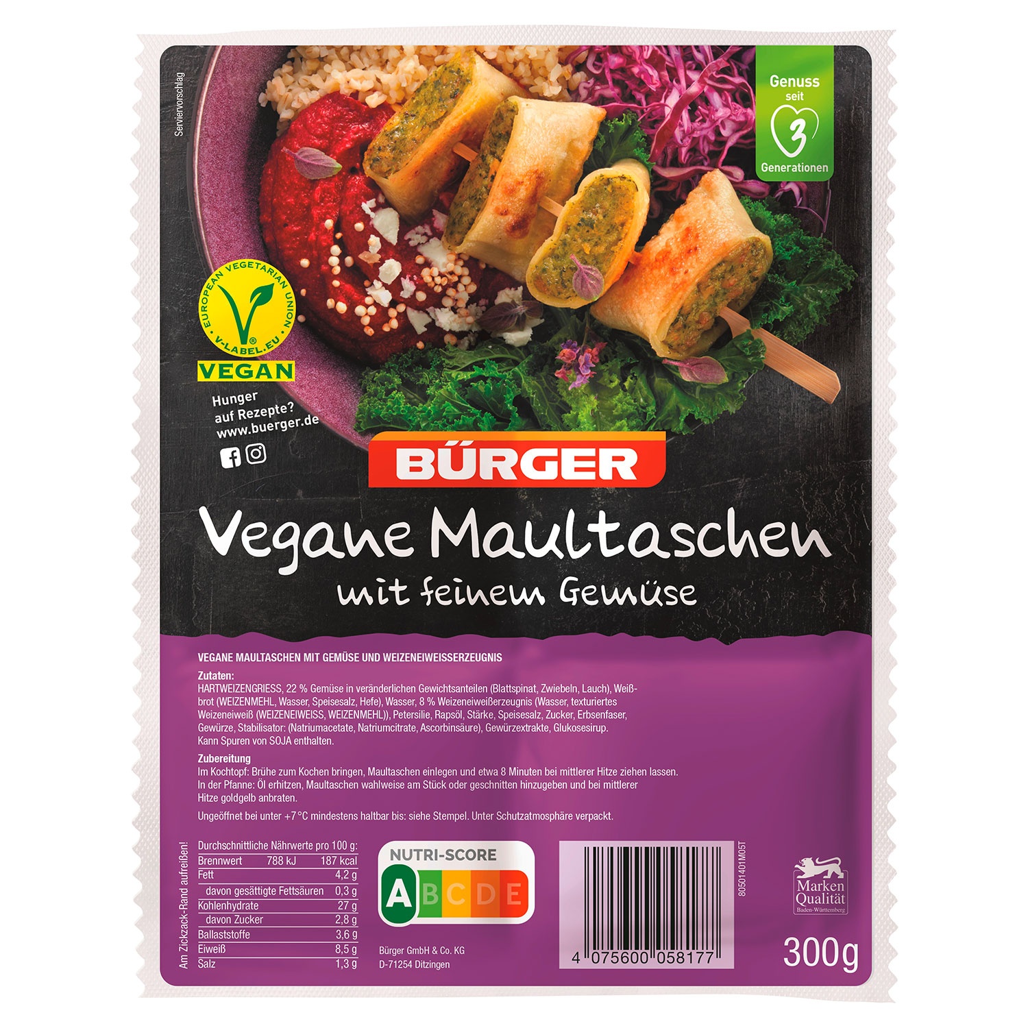 BÜRGER Maultaschen 300 g, Vegan