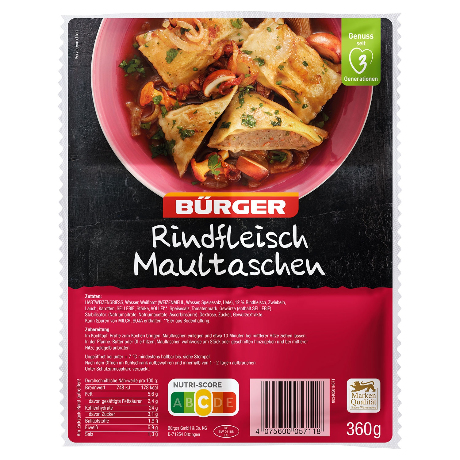 BÜRGER Maultaschen 360 g, Rind