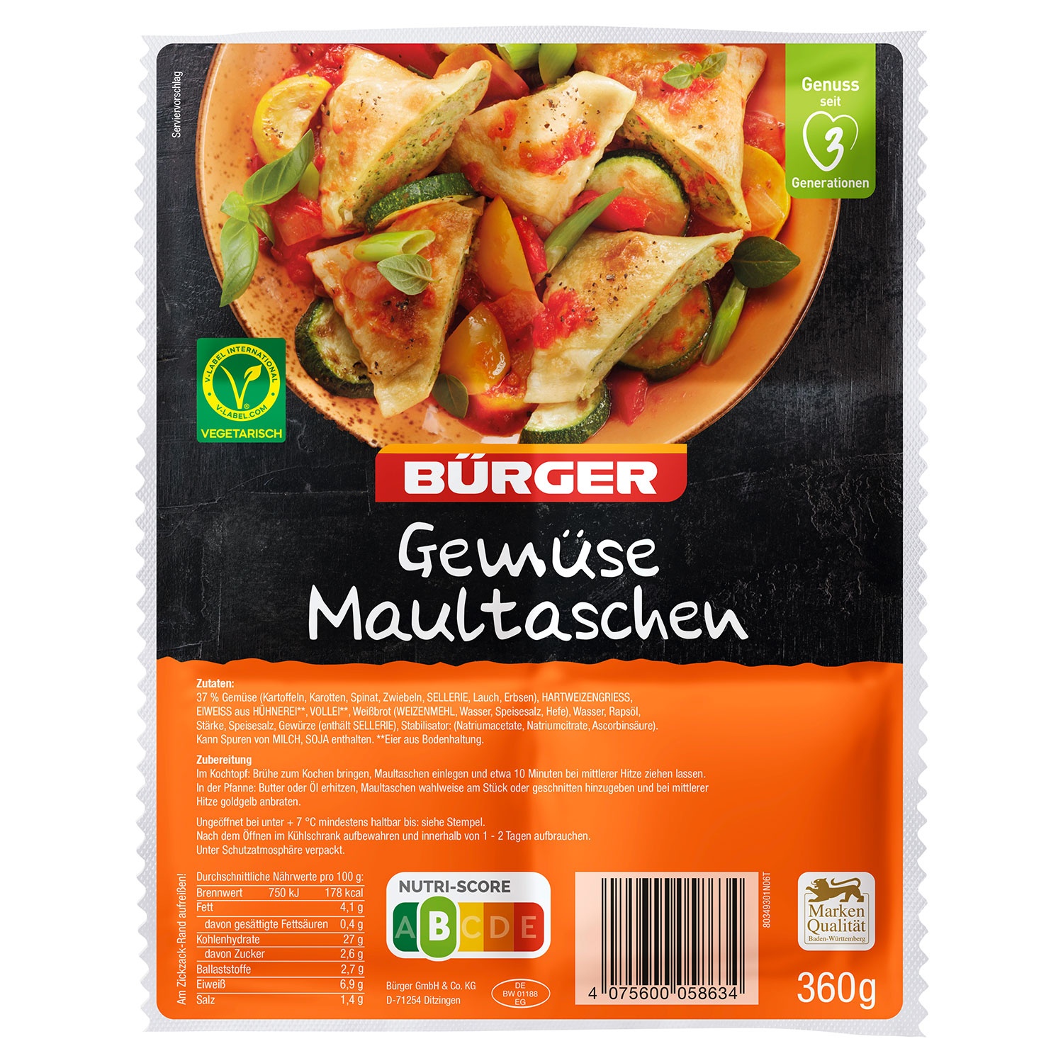 BÜRGER Maultaschen 360 g, Gemüse