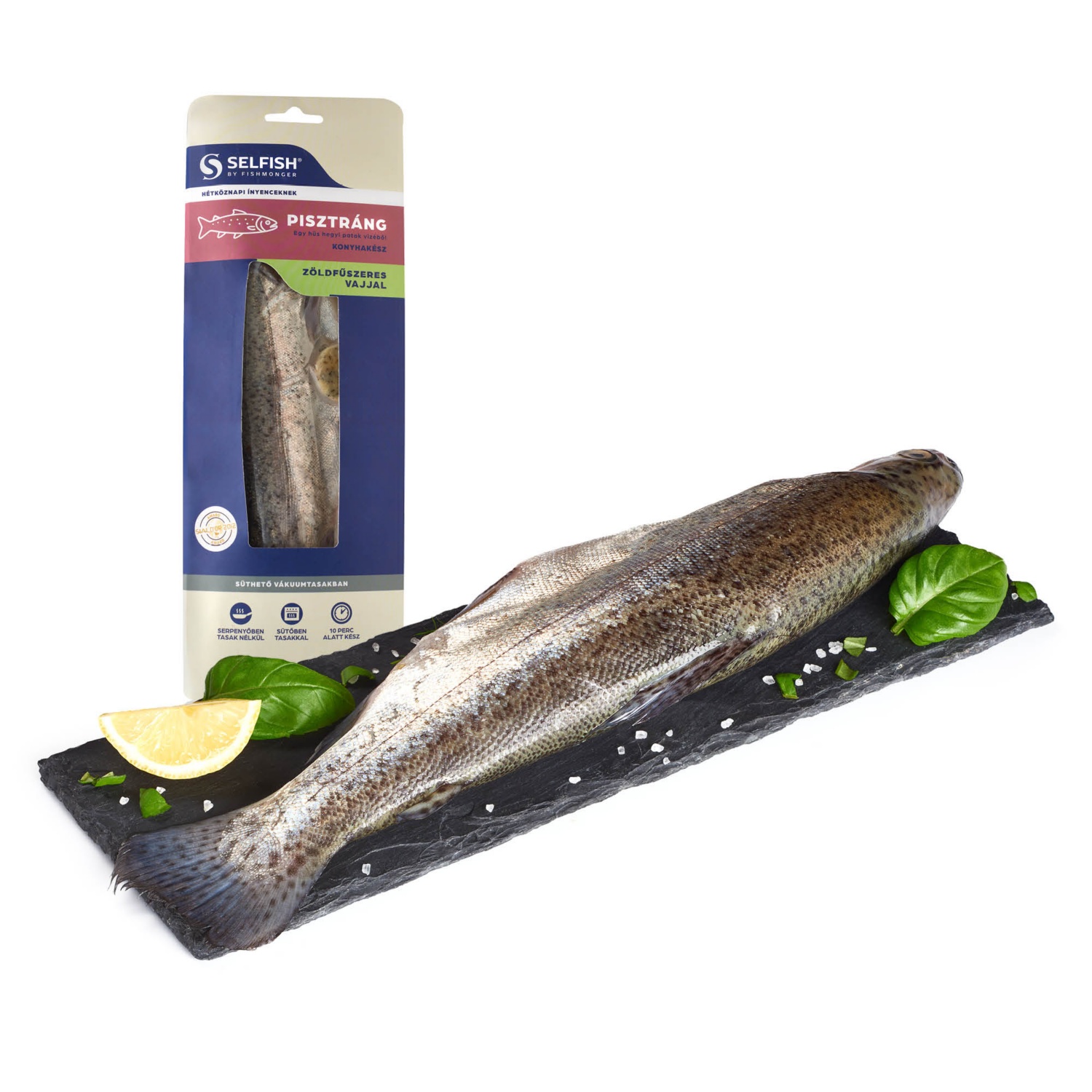 Egész pisztráng, zöldfűszeres vajjal, 330 g