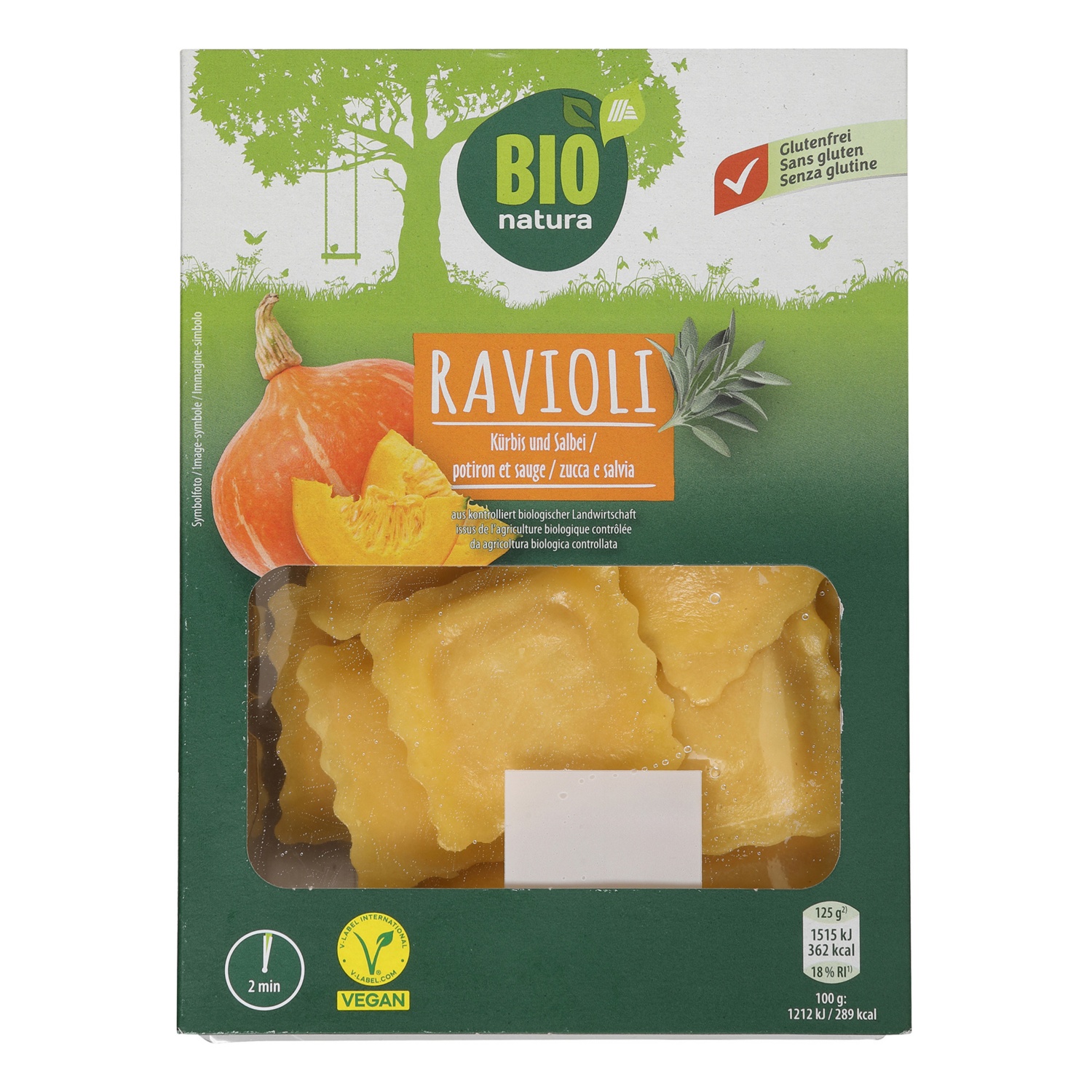 BIO NATURA Vegane Pasta, Ravioli Kürbis und Salbei