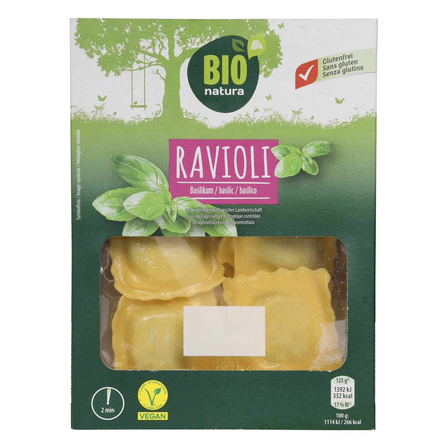 BIO NATURA Vegane Pasta, Ravioli Basilikum