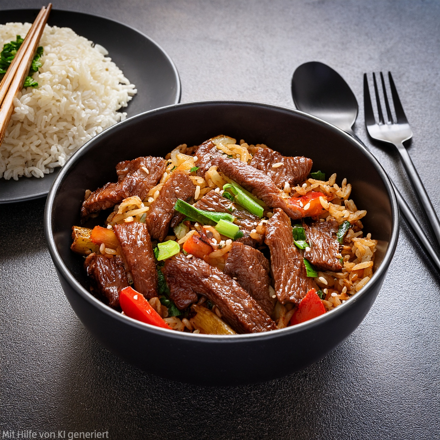 Émincé de bœuf au wok avec marinade asiatique et riz frit