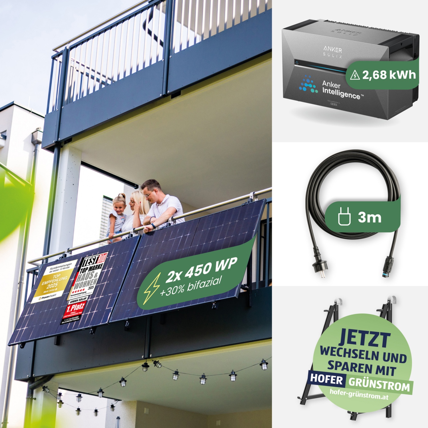 GREEN SOLAR Balkonkraftwerk Balkon 900/800 W mit Anker Solix 3 Speicher