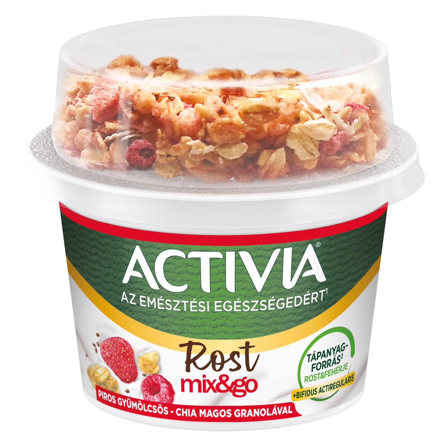 DANONE Activia Mix & Go, piros gyümölcsös, chia magos granolával, 165 g