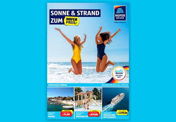 Das online HOFER REISEN Flugblatt mit Angeboten im Februar
