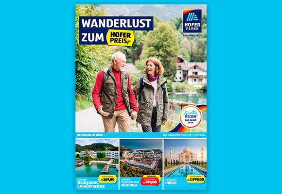 Das online HOFER REISEN Flugblatt mit Angeboten im März