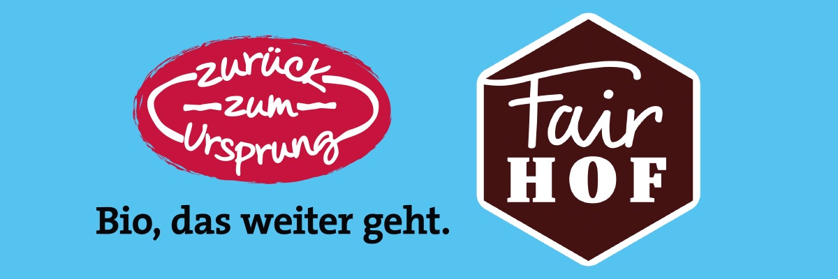 Zurück zum Ursprung und FairHOF Logo auf blauem Hintergrund.