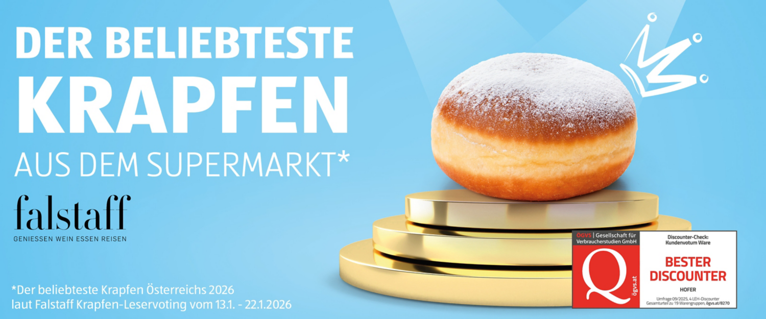 Am Banner zu sehen der beliebteste Krapfen aus dem Supermarkt bei HOFER. Erneut Falstaff Gewinner.