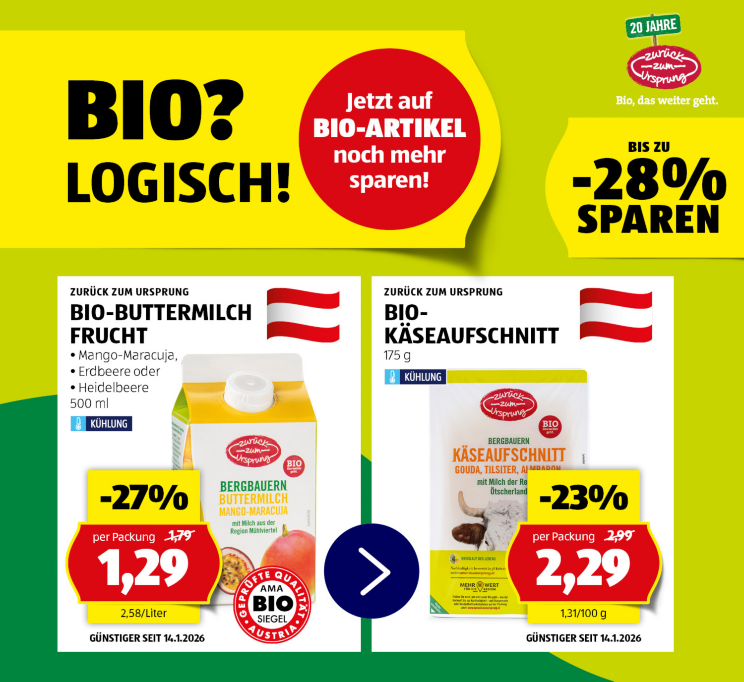 Angebot: Bio-Buttermilch Frucht + Bio-Käseaufschnitt
