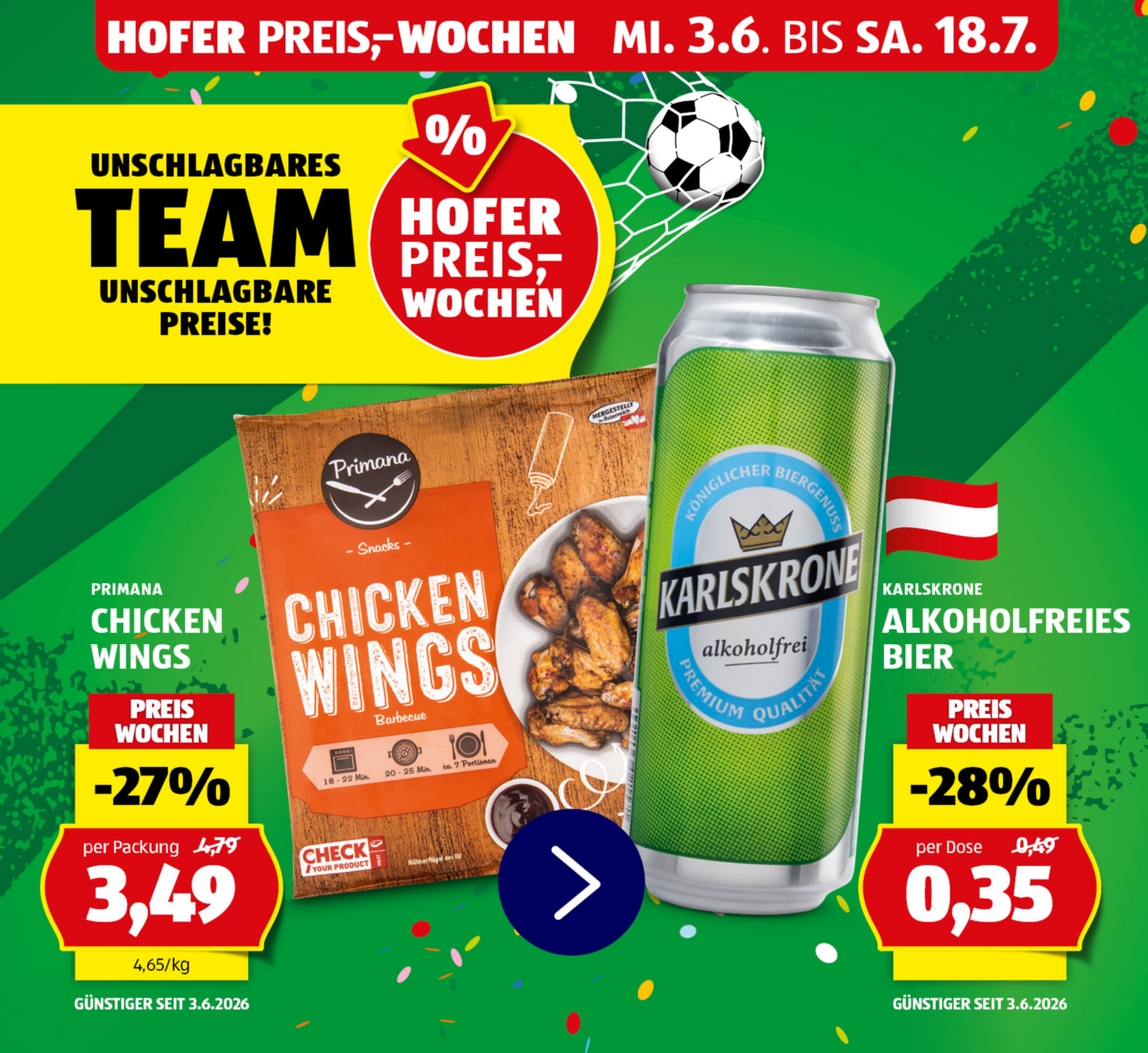 HOFER PREISWOCHEN - preisgesenkte Artikel Chicken Wings und alkoholfreies Bier