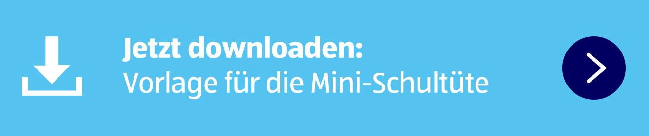 Jetzt downloaden: Vorlage für die Mini-Schultüte. Hellblauer Hintergrund und ein Downloadicon sind auf dem Bild ersichtlich.