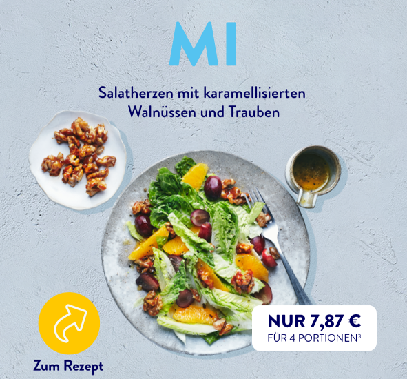 Zum Rezept Salatherzen mit karamellisierten Walnüssen und Trauben