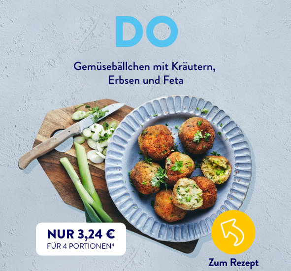 Gemüsebällchen mit Kräutern, Erbsen und Feta