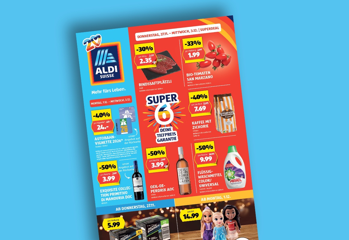 Das online ALDI SUISSE-Flugblatt wird auf einem Tablet betrachtet.