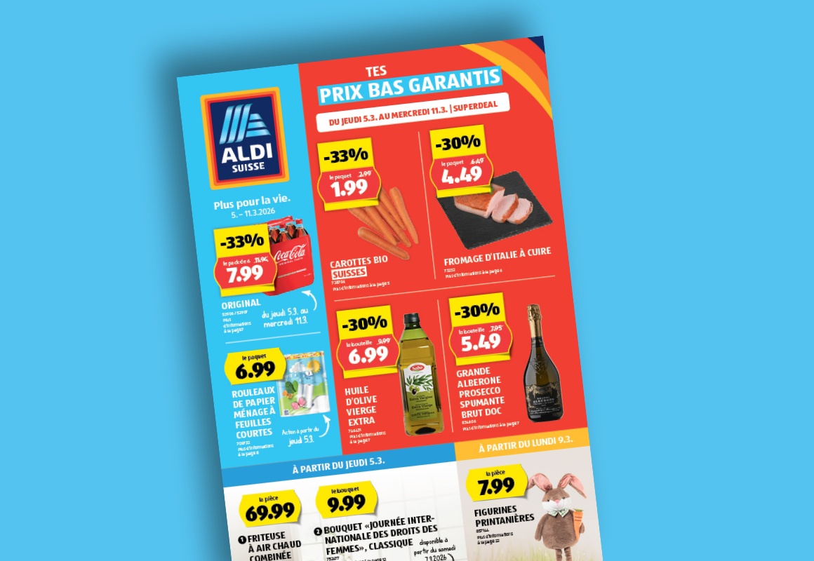 Le prospectus ALDI SUISSE en ligne est consulté sur une tablette.