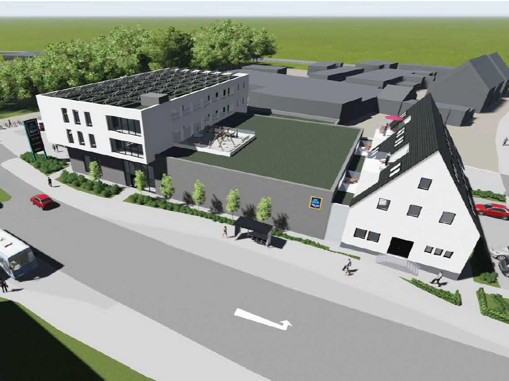 Visualisierung der bereits im Bau befindlichen Mixed-Use-Immobilie in Bergisch Gladbach