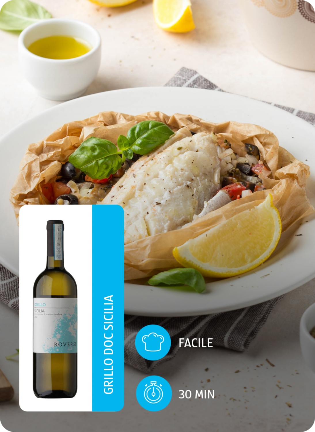 Filetti di branzino al cartoccio con patate, limone e olive