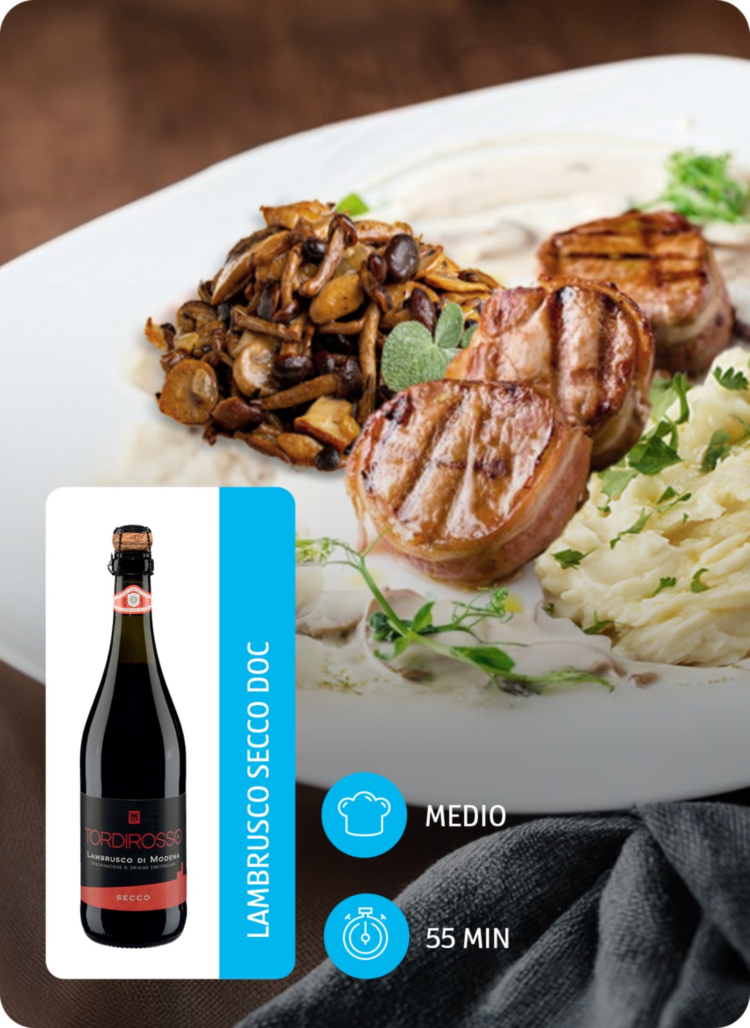 Filetto di maiale in crosta di pancetta, purè di cavolfiore e funghi pioppini